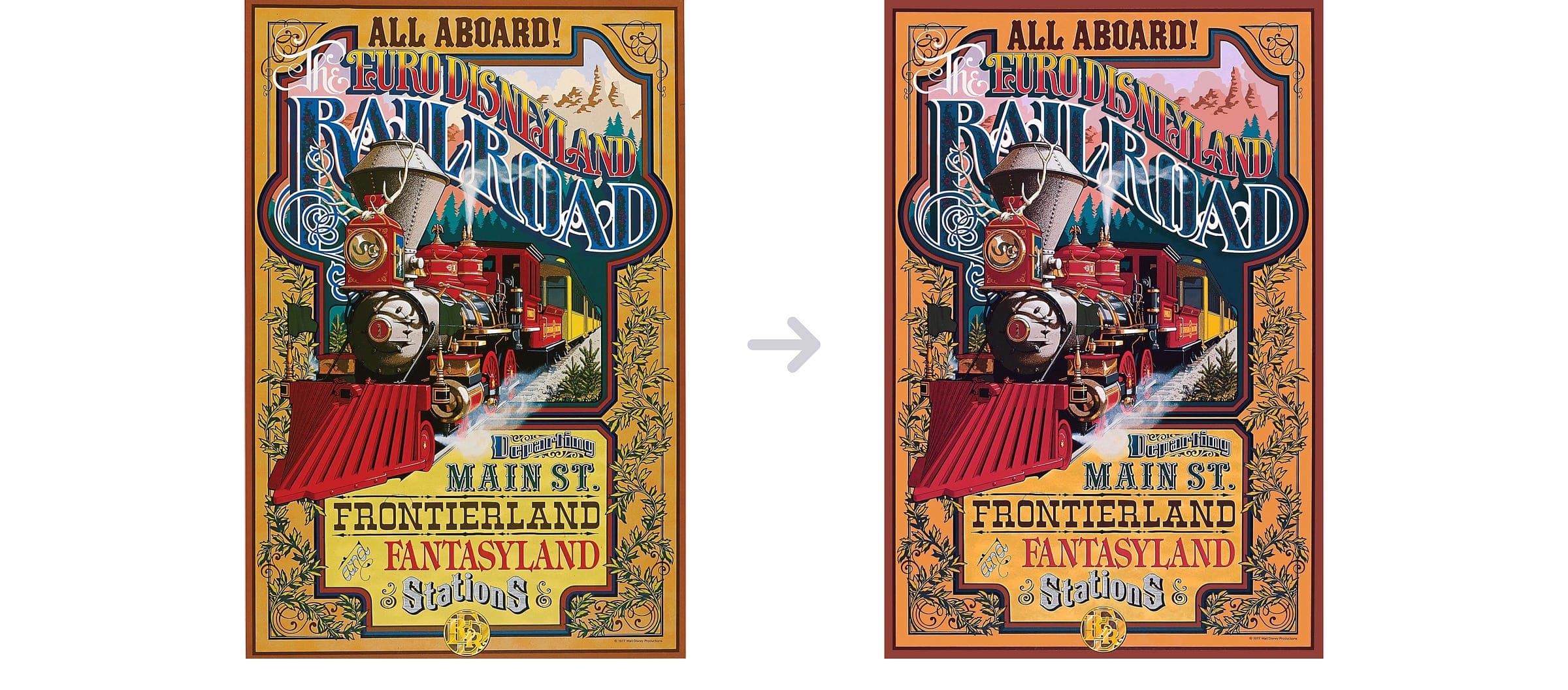 Disneyland Railroad poster, before and after restoration