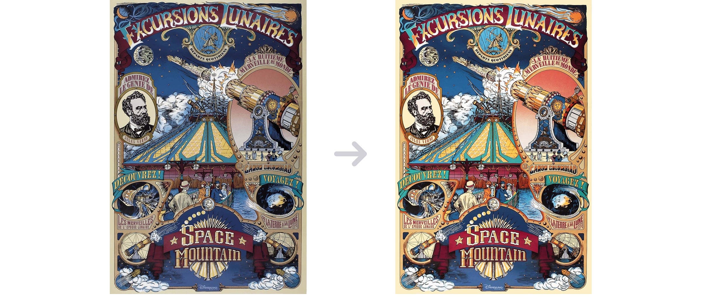 Space Mountain poster, before and after restoration