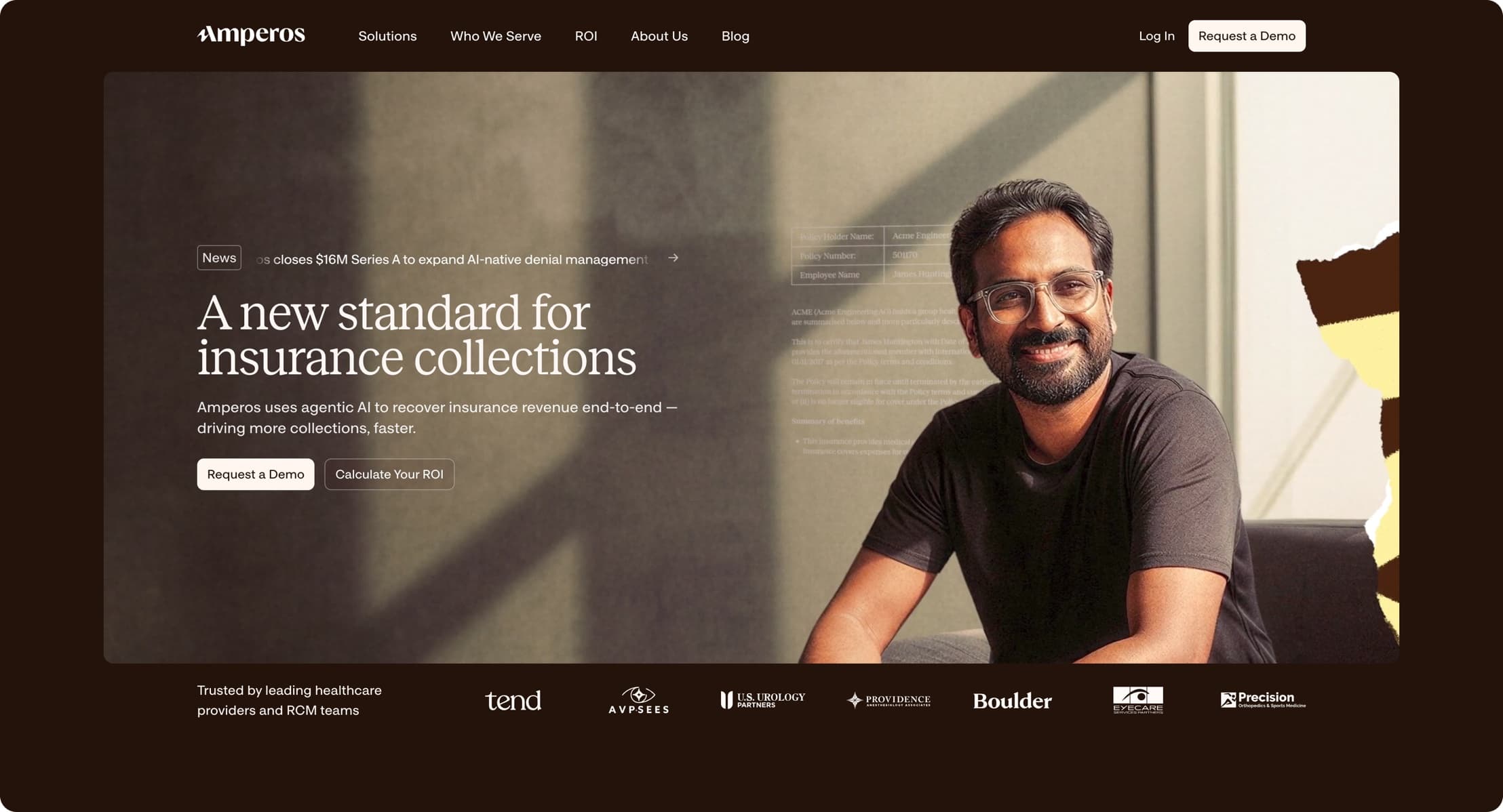 The redesigned Amperos marketing site hero